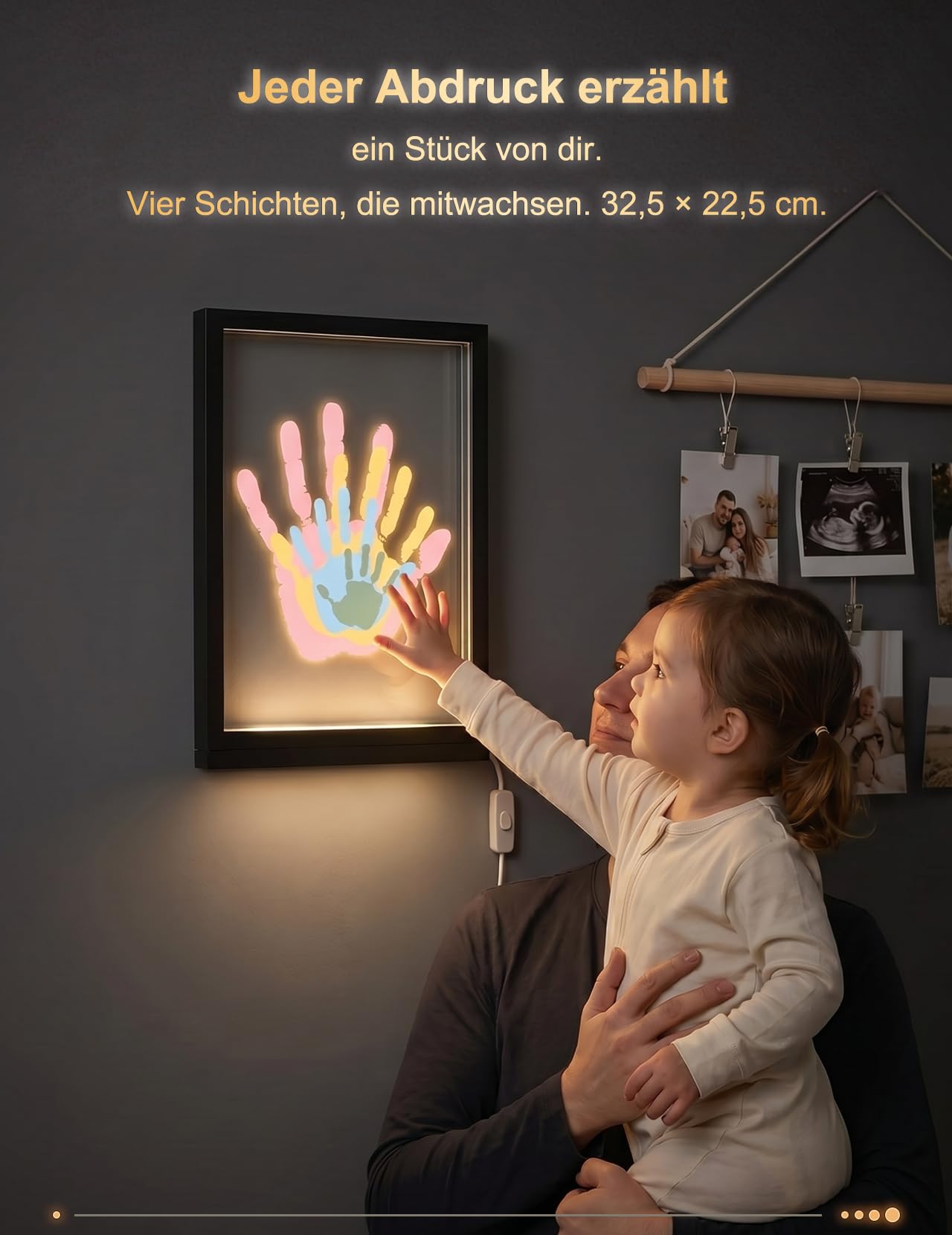 Fuerdich Beleuchteter Handabdruck Rahmen – 4 Schichten, LED Licht – Schwarz | DIY Set mit 6 Farben, Pinsel, Marker – Baby Fußabdruck, Handabdruck Familie – Geschenk Geburt, Taufe, Weihnachten – USB