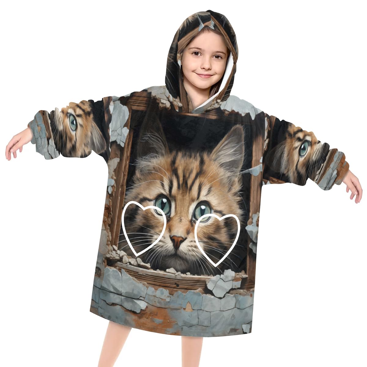 Wearable Blanket Hoodie for Kids, Tabby Cat Fleece Sweatshirt Blanket Oversized Blanket Sweatshirt with Pocket Flannel Warm Hooded Blanket 6-10 Year Old Girl Boy Gift, One Size