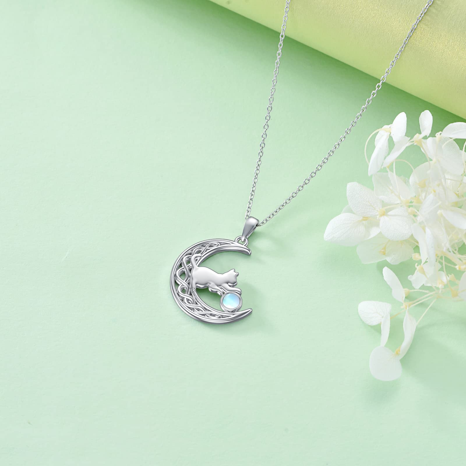 LONAGO Collana Gatto 925 Sterline D'argento Pietra Portafortuna con il Gatto in Luna Ciondolo Collana Gioielli per le Donne