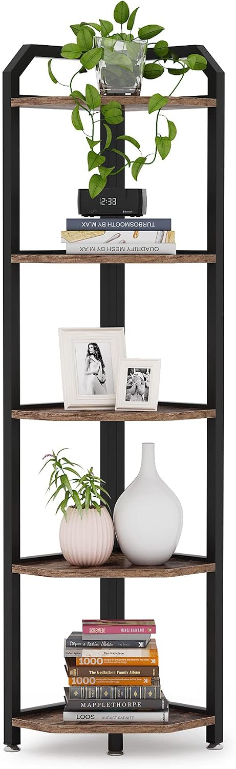 Tribesigns Corner Shelf, 5 Tier Corner Bookshelf and Bookcase Rustic Corner Storage Shelving Unit Indoor Plant Stand for Living Room, Home Office, Small Space (Brown)