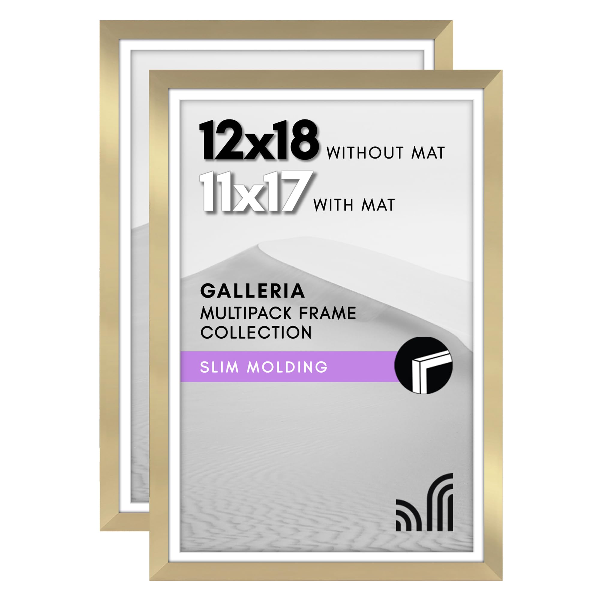 Americanflat 12x18 Poster Frame with Polished Plexiglass - Set of 2 - Use as 11x17 Frame with Mat or 12x18 Frame Without Mat - Galleria Collection - Gallery Wall Frame Set for Wall Display - Gold