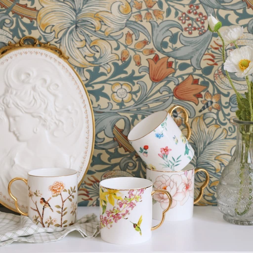BONAD Podróżny kubek do kawy kubek porcelana kostna domowa filiżanka do herbaty para filiżanka do kawy kreatywny wzór kwiatu i ptaka filiżanka do herbaty kubek na mleko kubek do kawy (kolor: E)