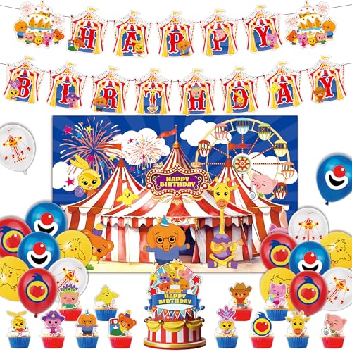 Circus Theme Birthday Party Decorations Cartoon Carnival Animal Party Supplies with Happy Birthday Banner Backdrop Balloons Cake & Cupcake Toppers for Carnival Themed Kids Birthday Party Decor