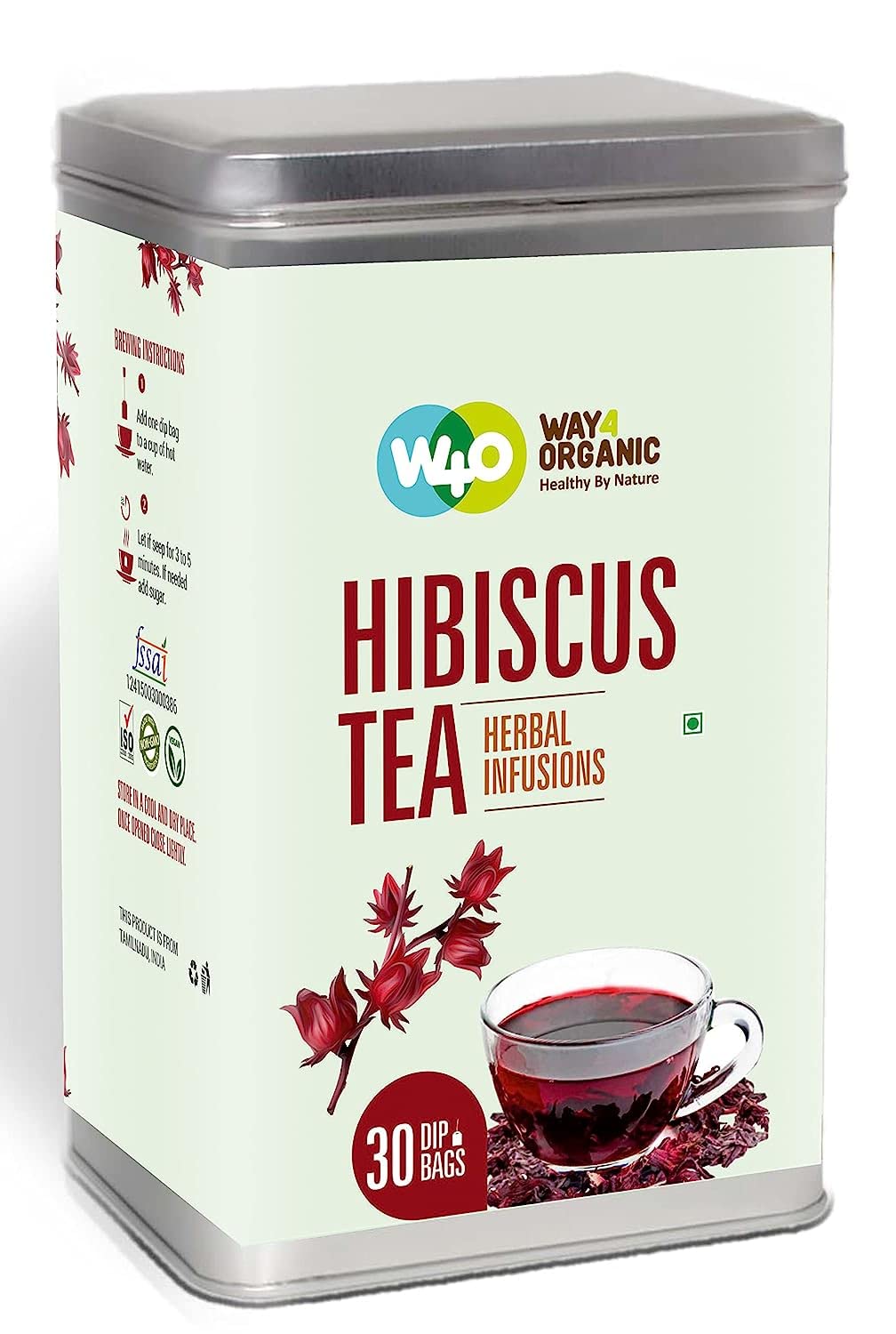 WAY 4 ORGANIC W4O Hibiscus Tea in Dip Bags 30s Canister | Healthy Heart | Pack of 1