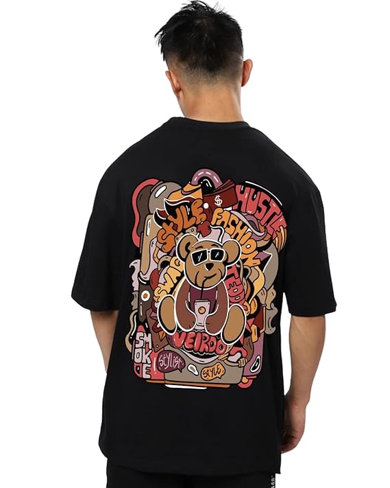Veirdo® Pure Cotton Oversize Loose Baggy Fit Round Neck Half Sleeve Black Graphic Teddy Printed T-Shirt for Men & Boys at Rs. 439