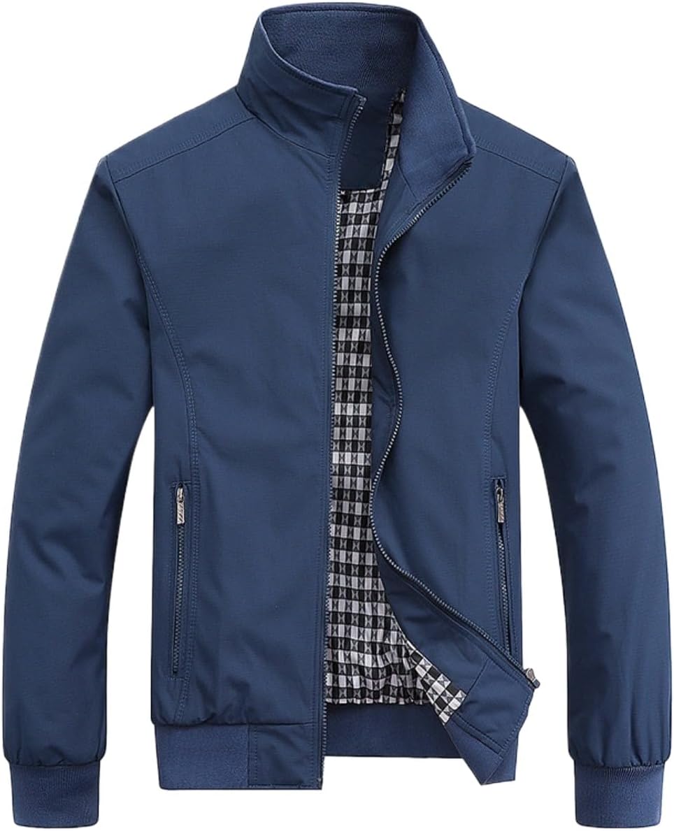 Jaqueta Masculina Casual com Gola Alta, Forro Xadrez, Casacos Zíper Frontal 26525