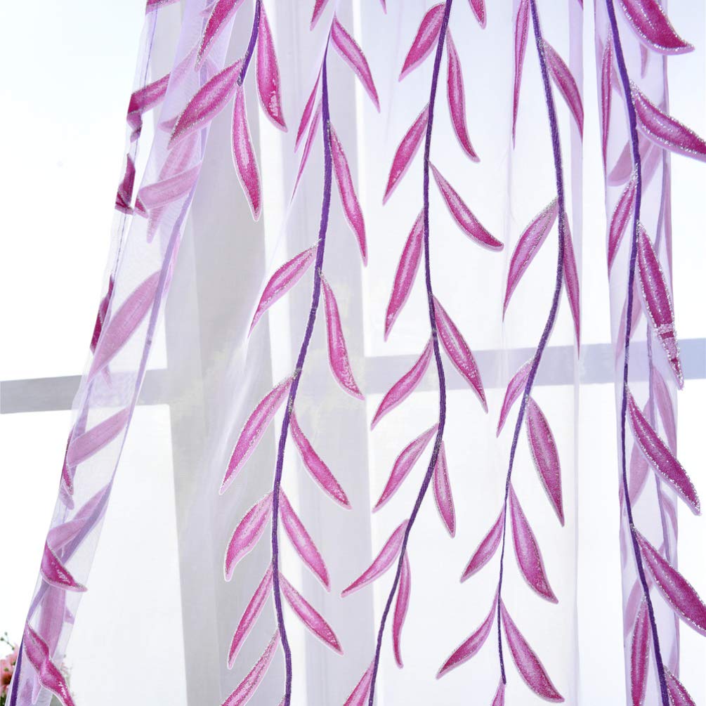 WINOMO Salix Foglia Modello Della Finestra Salice Pannelli Della Finestra Tende Tende Pura Voile Tulle per Soggiorno Camera Da Letto Balcone 106X39 Pollici (1 pz, Viola)