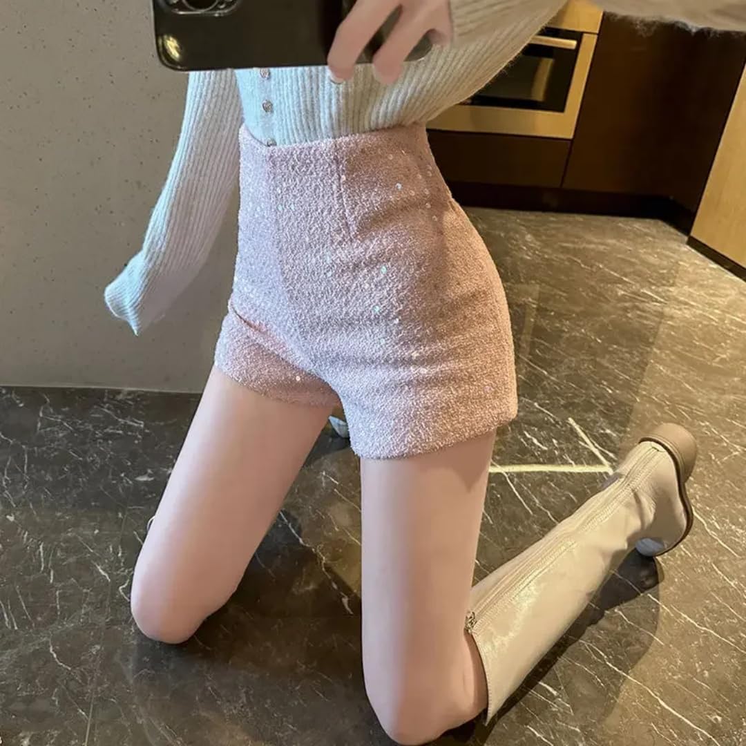 Short Jogging Femme Pantalon De Chaleur Taille Haute A-Line Shorts À Jambes Larges À Paillettes pour Femmes