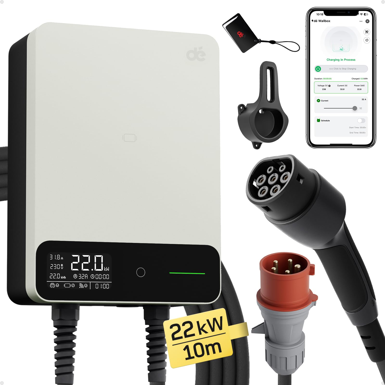 dé Wallbox 11kW mit APP, 10m Typ 2, §14a EnWG, EV Ladestation, Schwarz | mit Kabelhalter, 3-Phasen (6-16A, 400V), für BEV/PHEV, RCD Type A 30mA AC + 6mA DC & IP54-Schutz