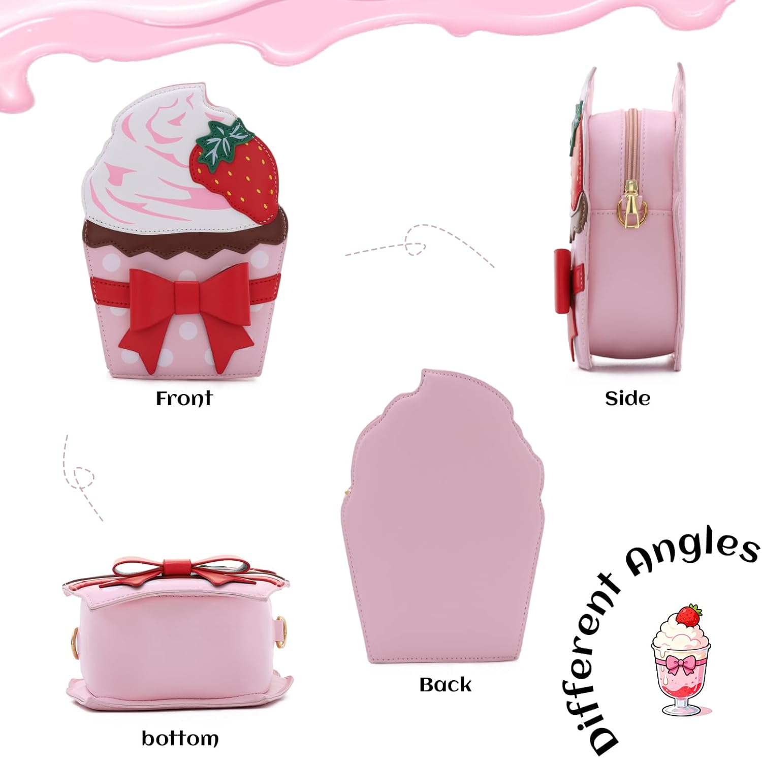 KUANG! Ice Cream Shaped Shoulder Bag for Women with Bow Decoration Novelty Purse Crossbody Bag Strawberry Handbag for Girls - Image 3