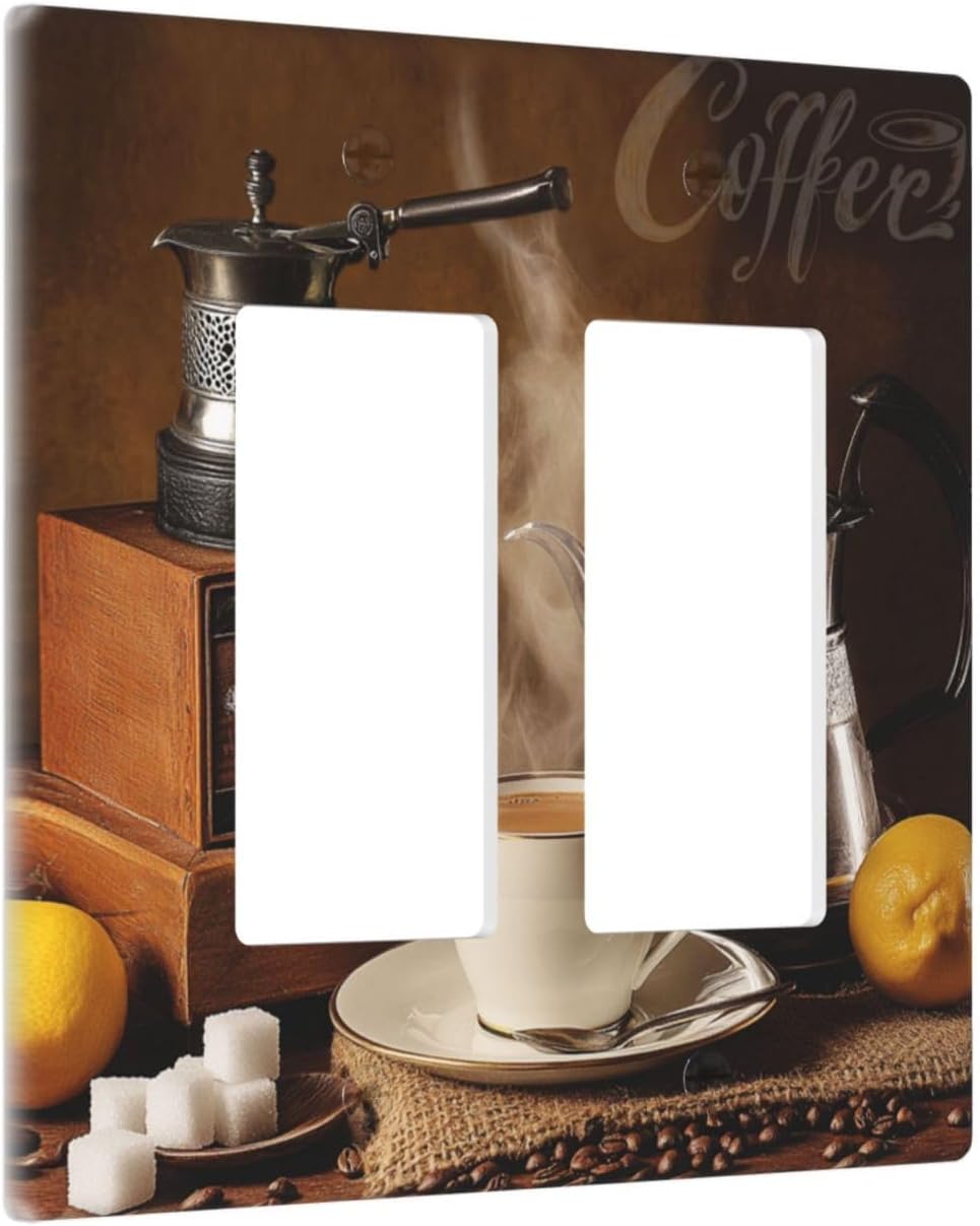 Decorative Outlet Covers with Vintage Coffee Rustic Coffee Cup & Bean Design 2 Gang Wall Plate Double Rocker Light Switch Cover Double Switch Plate Cover for Kitchen Decor image 2