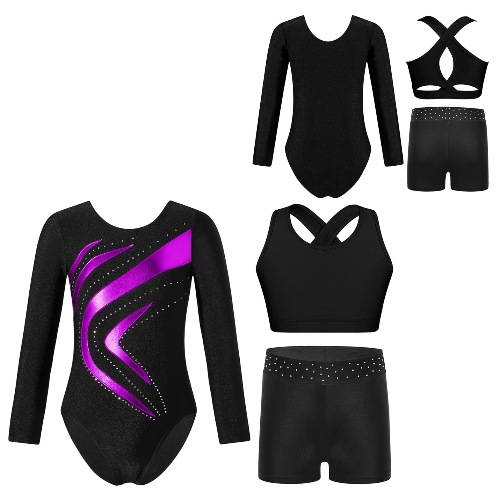 inlzdz Bambina Body Ginnastica Artistica 3 Pezzi Tuta Danza Classica | Manica Lunga,Lunghe Maniche In Trama Trasparente,Tuta Danza Scintillante Con Strass,Costume Da Ballo,Competizione,Ginnastica