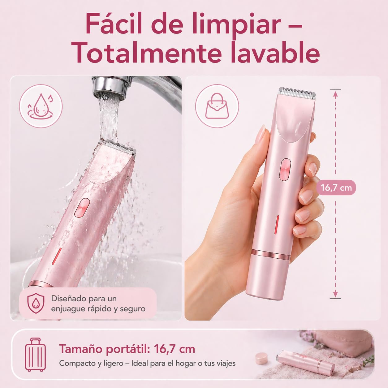 Sanuvia Depiladora Intima 2 En 1, Recargable Con Doble Cabezal, Uso Seco Y HúMedo, Ideal Para Piernas, Axilas Y Zona íNtima (Rosa)
