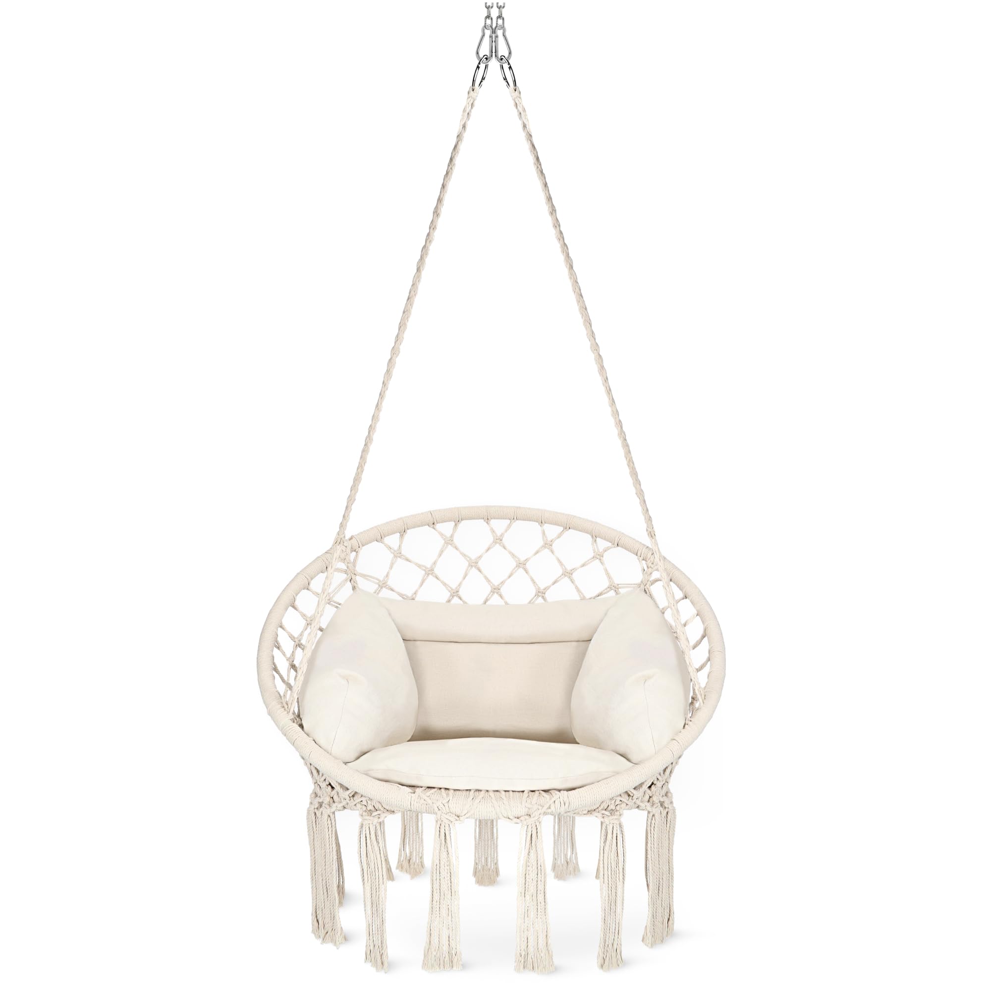 4FIZJO Hängesessel Boho mit Kissen, Makramee hängesessel, Garten schaukel, Hängekorb, Schaukelkorb, Therapieschaukel Kinder, Hängesessel Indoor & Outdoor, Hängesitz, Maximale Belastung 125 kg, Beige