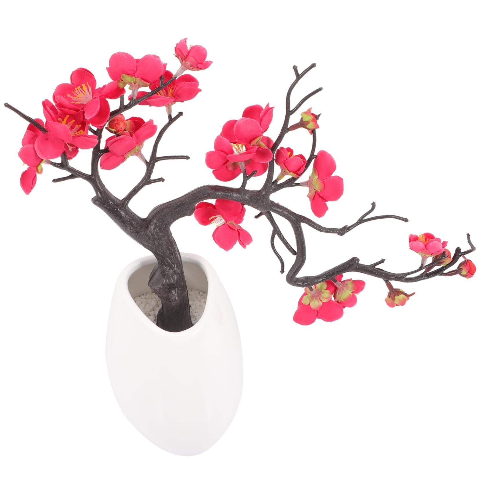 OUNONA Fleur de Prunier Artificielle en Pot Rouge, Décoration de Salon | Céramique, Plastique, Tissu et Gravier, pour Étagères de Bureau ou Jardin, Entretien Simple