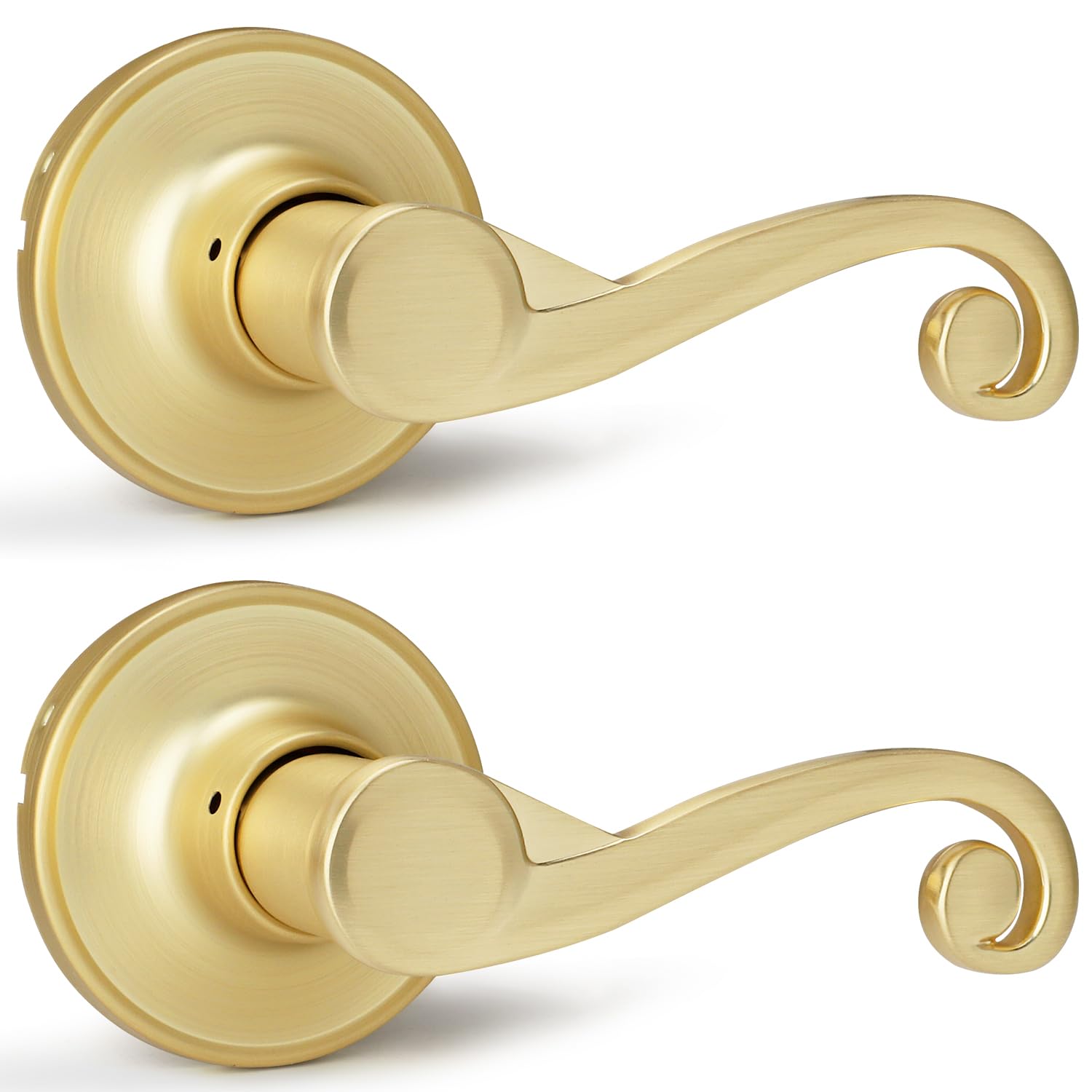 Bonpoly Satin Brass Dummy Door Handles, 2 Pack Keyless Interior Door Levers, Door Handles for Closet or Pantry, Use for Right Sided Doors, Golden Knobs with Wave Design