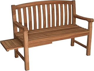 MR. DEKO® Gartenbank Lancaster Teakholz | Holzbank mit ausziehbarem Seitentisch | Friesenbank für draußen | 2-Sitzer 120x57x94 cm | Sitzbank Teak massiv & wetterfest für Garten & Balkon | Parkbank
