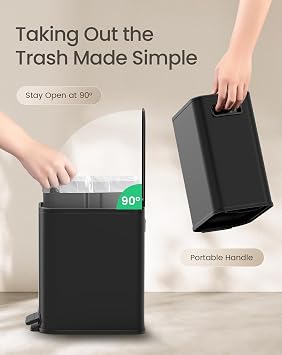 Cesun Small Black Bathroom Trash Can with Lid Soft Close & Pedal, 1.3 Gal | Removable Inner Bucket, Slim Stainless Steel Garbage Can for Bedroom/Office, Included 5 Trash Bags, Hidden Bag, Built to Last