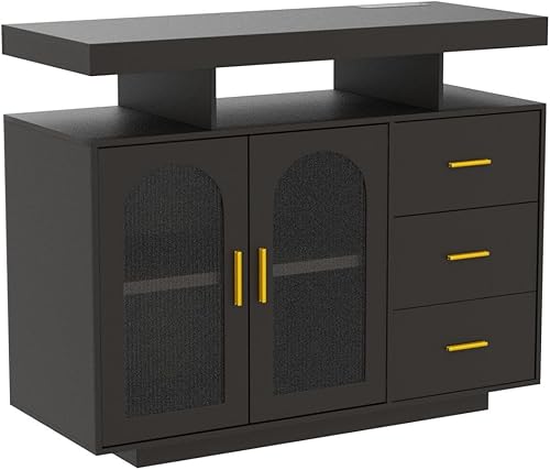 Miniatura 5 de HWB Gabinete de barra de café LED RGB Gabinete de almacenamiento de cocina y aparador de buffet - Mesa de café de madera con capacidad de estante