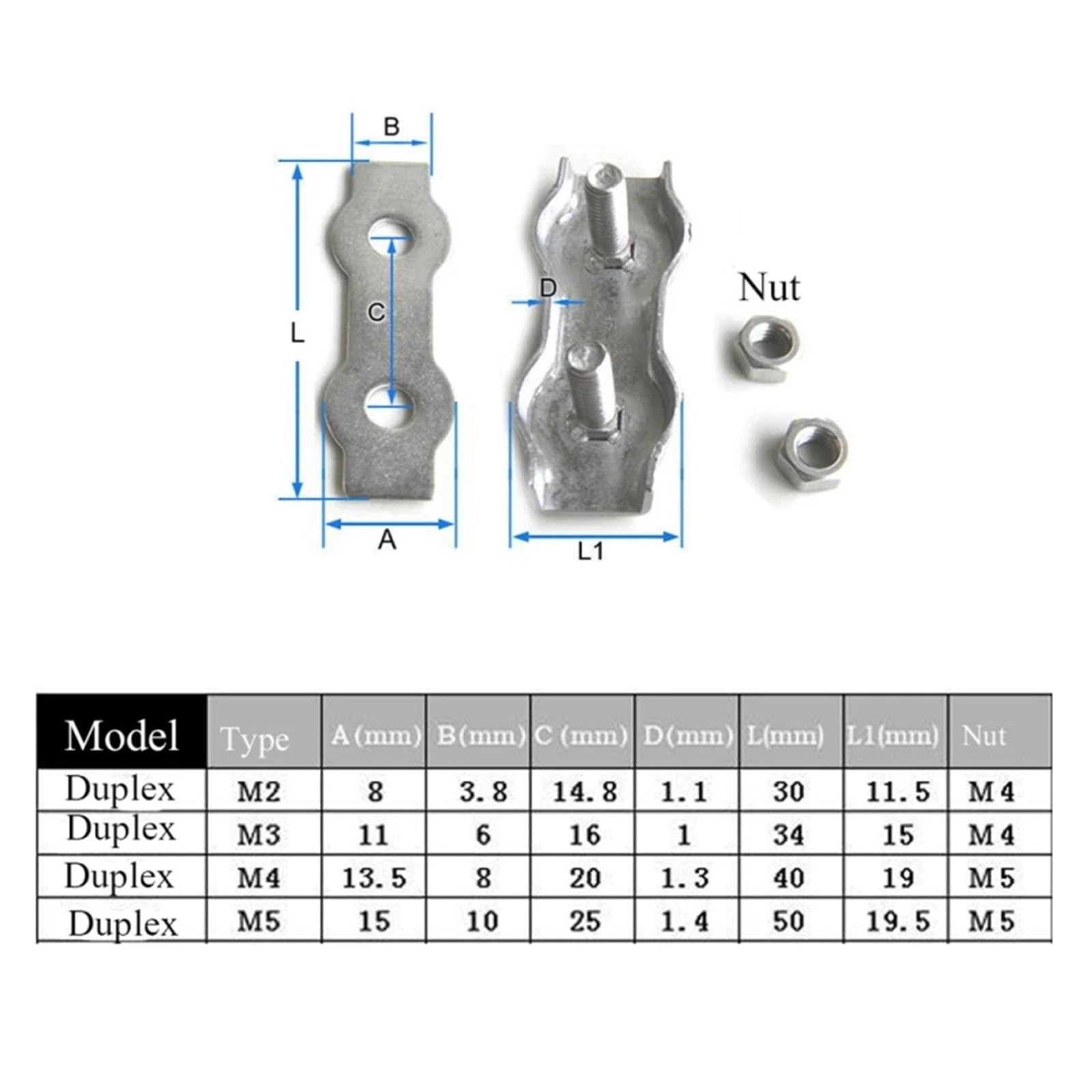 Clip di corda a filo pesante in acciaio inossidabi Fune metallica in acciaio inossidabile 304 Clip singola/doppia Morsetto for cavo con bloccaggio a morsetto Impugnatura semplice(Duplex M2-5pcs)