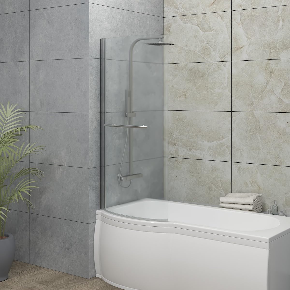 Blümme 715mm Bathroom P Shaped Bath Screen with Towel Rail Over Bath Shower Screen Door 6mm Glass Chrome Framed
