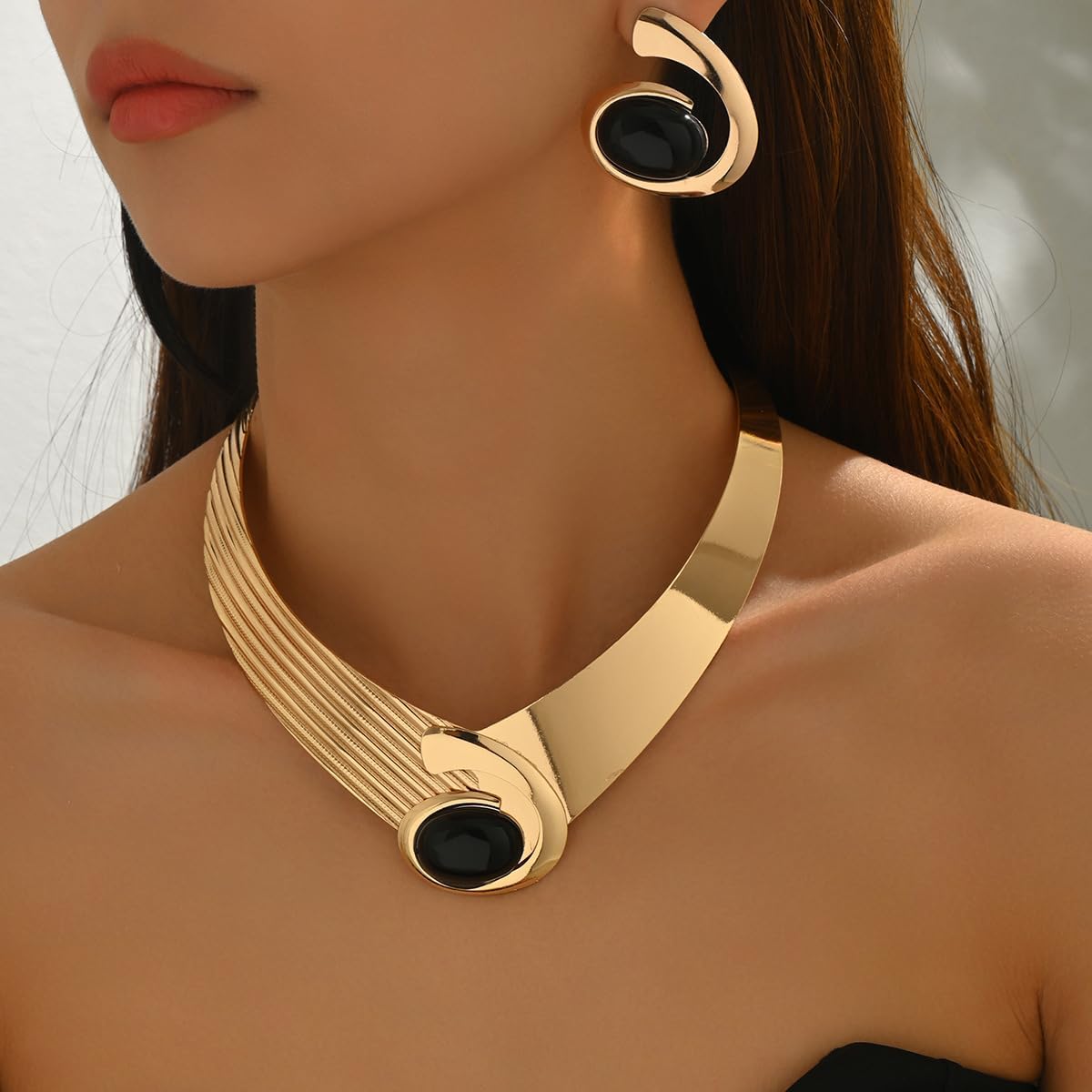 Chunky Gold Necklace Earring Set For Women Bohemian Oval Acrylic Earring Necklace Set Vintage Trendy Golden Necklaces Earring Jewelry Set For Women - Image 5