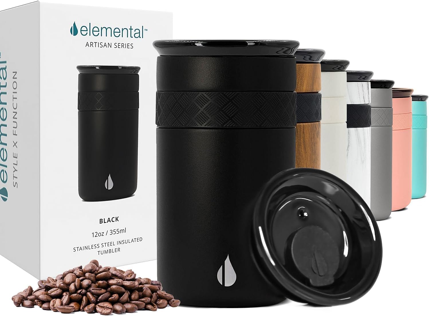 Elemental Artisan Triple Wall Insulated Tumbler – Stainless Steel Coffee Cup with Ceramic Lid – Thermal Travel Mug for Hot(6 Hrs) & Cold(18 Hrs) Drinks – Reusable Coffee Cups (Matte Black, 355 ml) — image 1
