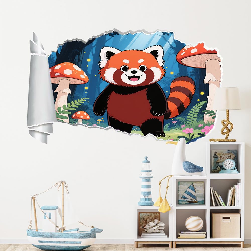 Wandtattoo 3D Durchbruch Roter Panda Wandsticker Wanddekoration selbstklebend Waldpilze Wandaufkleber Deko Schlafzimmer Wohnzimmer Kinderzimmer Kunst Wohnkultur Wandbilder