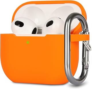 KOKOKA Case Cover Compatible with Airpods 3, Soft Silicone Skin Case Cover Shock-Absorbing Protective Case for Airpods 3rd Generation with Carabiner, Front LED Visible, Orange