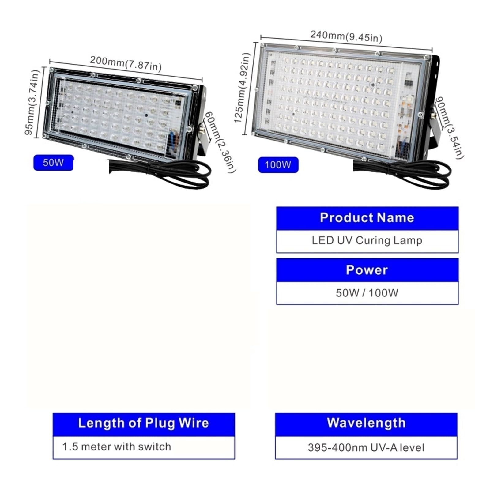 Proiettore UV a LED 50W 100W Luce for Feste 395nm 400nm IP65 Lampada da palco Fluorescente Ultravioletta Impermeabile con Spina(100w)