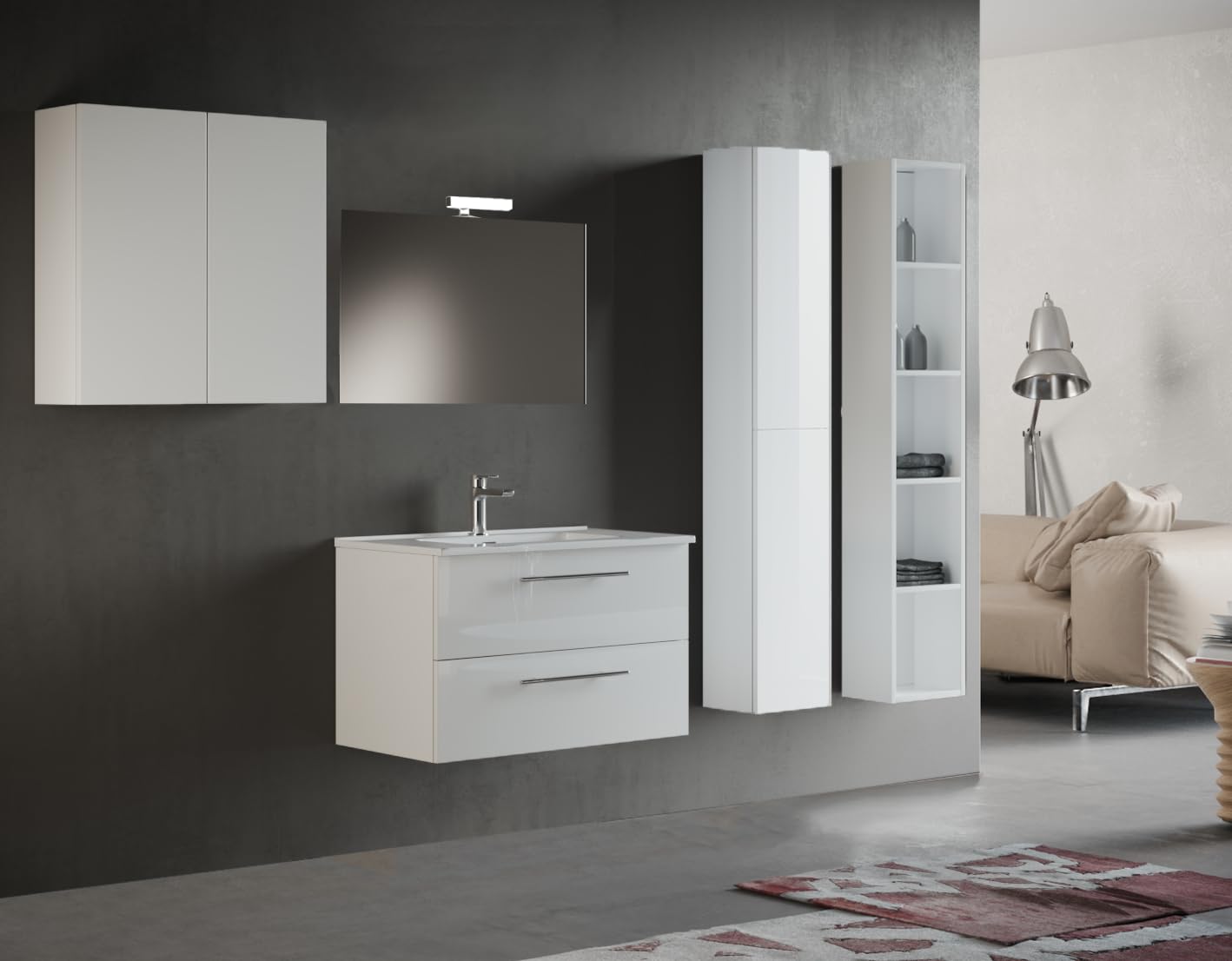 Mama Store IRIS 100 - Mobile Bagno Sospeso IN KIT DA MONTARE 100 CM BIANCO LUCIDO LACCATO con Lavabo, Specchio e Lampada LED, L.101 X P.47 X H.53 cm