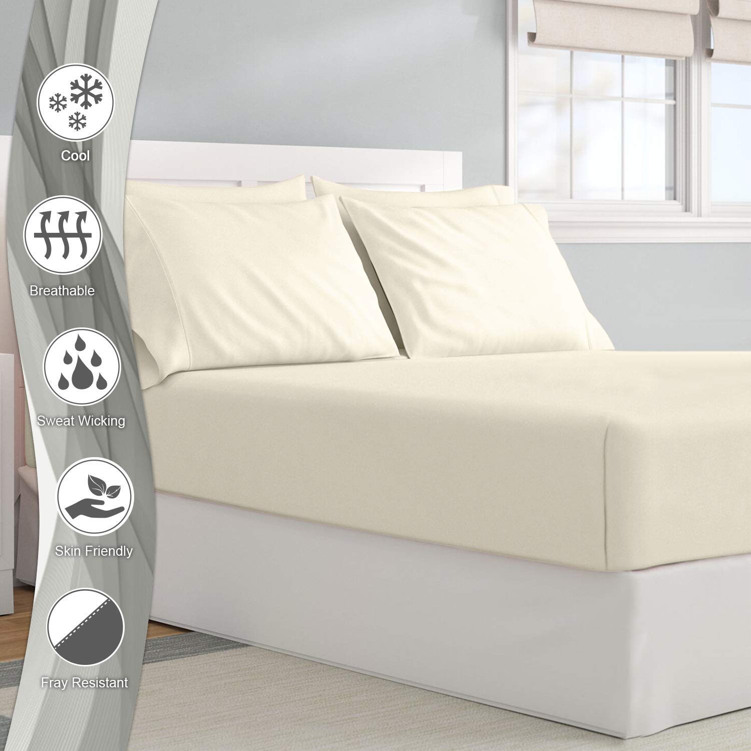 Pizuna Pure Combed Cotton Fitted Sheet Ivory, 600 Thread Count 100% Long Staple Cotton King Size Fitted Sheet 160x200 cm - Image 2