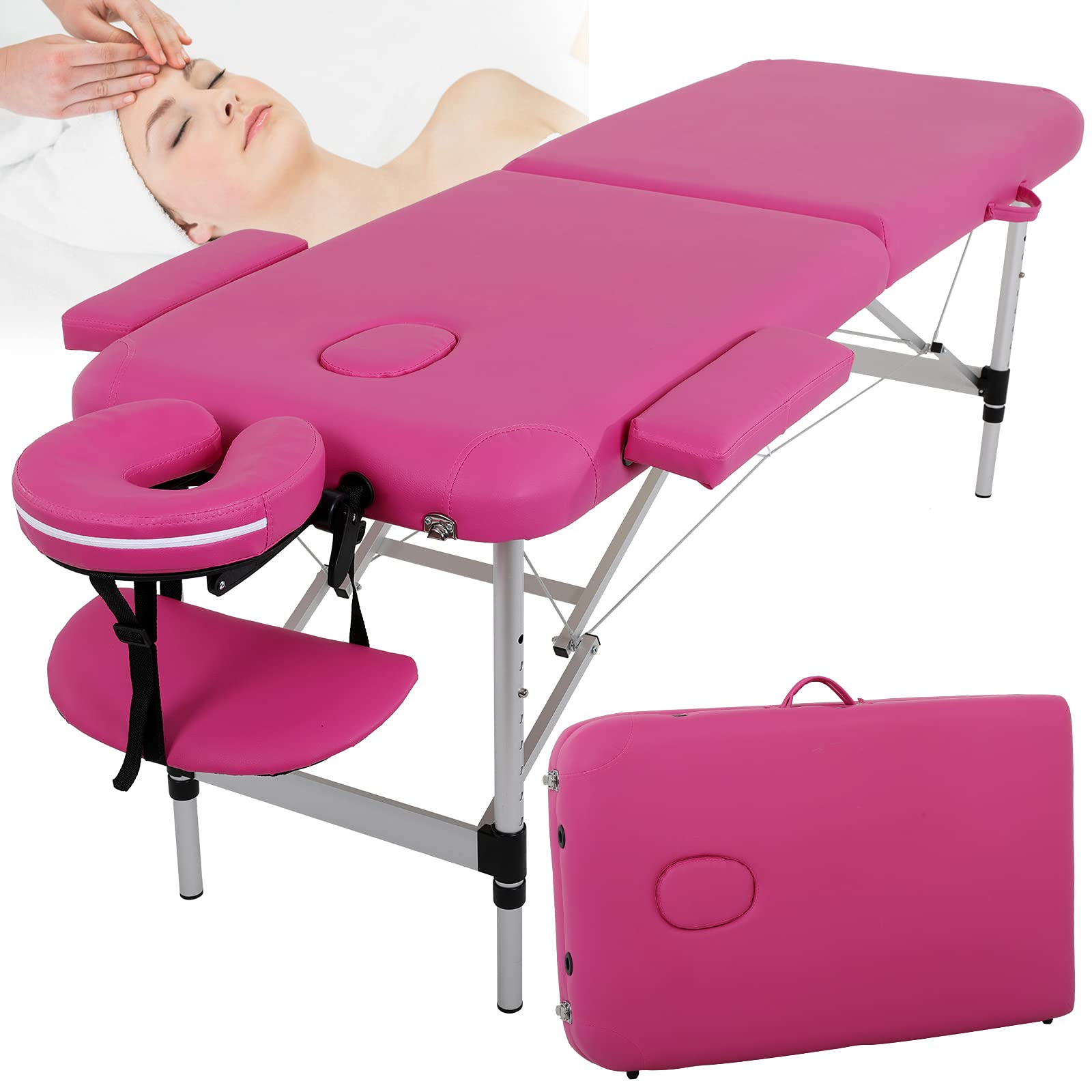 Dkeli Massage Table Pink Eyelash Table Spa Bed Portable Foldable 73 Inch Height Adjustable 2 Folding Salon Bed with Aluminum Legs, Face Holder, Carrying Case Tattoo Table Eyelash Face Bed - 5set