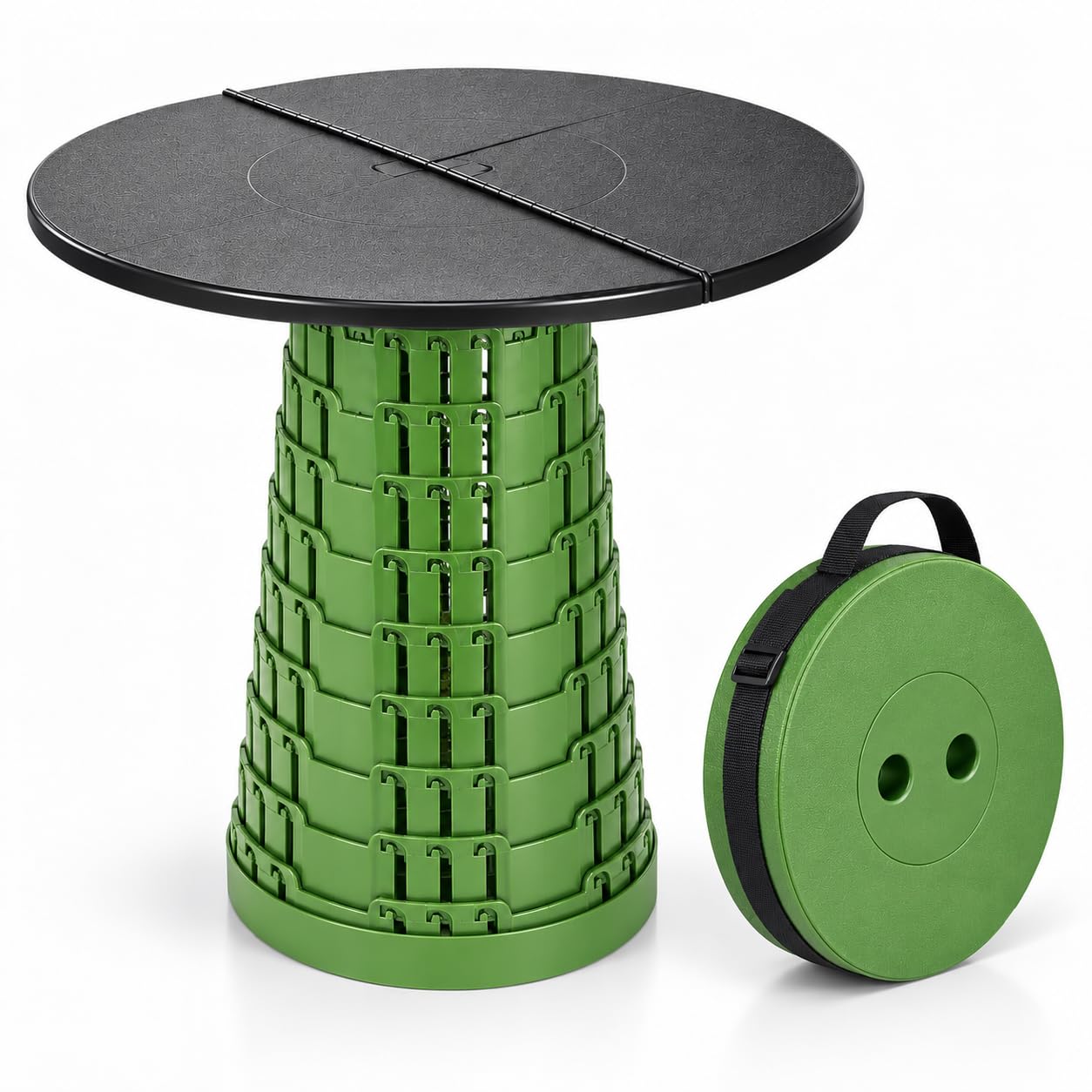 FBG Telescopic Folding Stool Retractable Collapsible Seat - Army Green | 250kg / 550lbs Load Capacity, 50cm Foldable Tabletop Included, Adjustable Lightweight Design | Camping, Garden, Festival