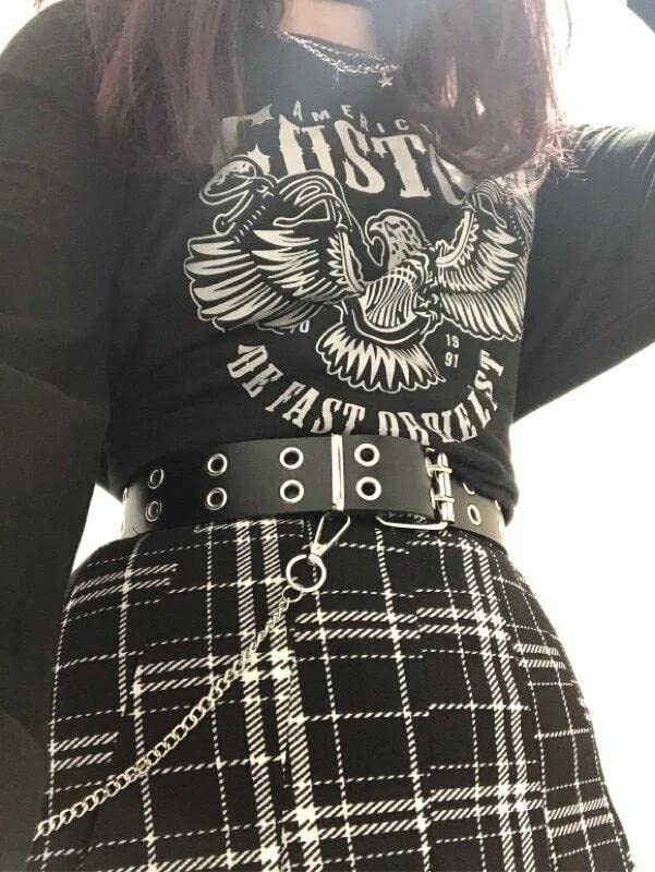 Gothic Belt Double Grommet Buckle Leather Belt for Mens Women Jeans Fashion Belt Punk Rock y2k with Chain2