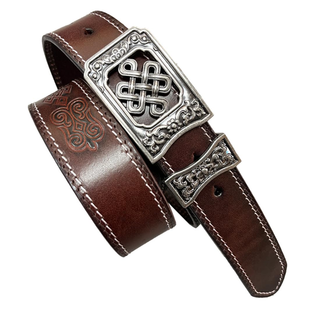 Cinture da Cowboy Western Cinghia in Goffrate per Uomo E Donna Fibbia Quadrata in Argento con Intaglio Floreale Cinturino da Country(120cm/47, Coffee)
