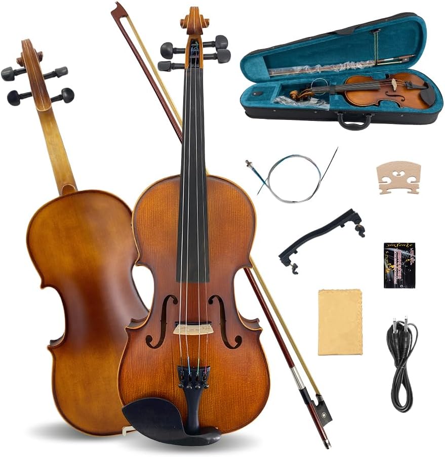 Acoustic Violin 4/4, 4 Strings Electric violin Maple Spruce Solid Wood Body, Ebony Fittings with Case, Bow, Accessories