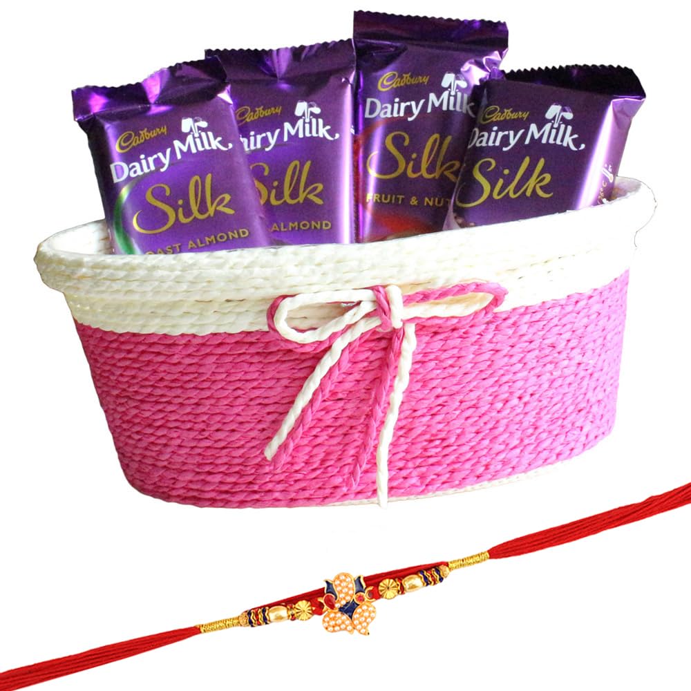 SFU E Com Overloaded Silk Chocolate Basket | Rakhi Chocolate for Brother | Elephant Pearl Rakhi With Chocolates | Roli, Chawal, Chandan, Misri | 118
