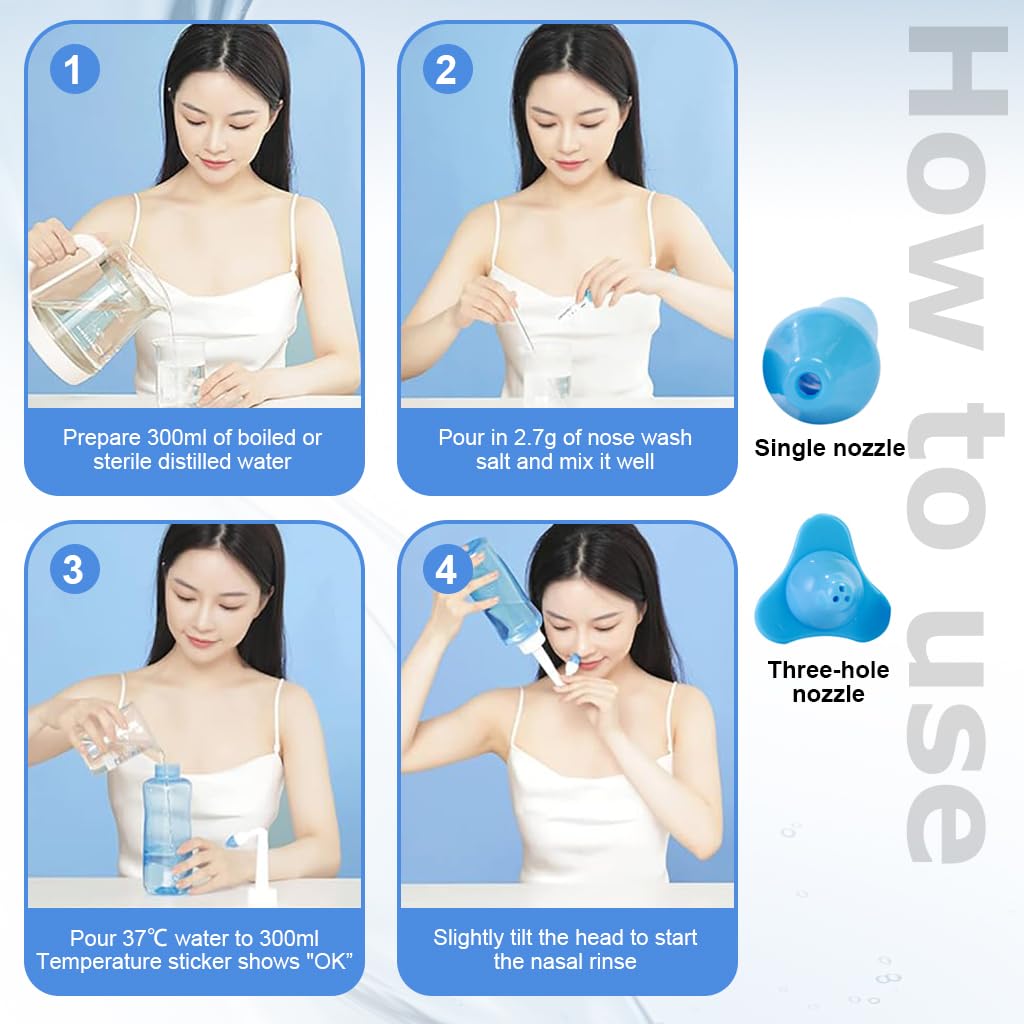 HANNEA Jal Neti Bottle 300ML, 2 Nozzles, 40 Salt Packs, Nasal Rinse Kit 3