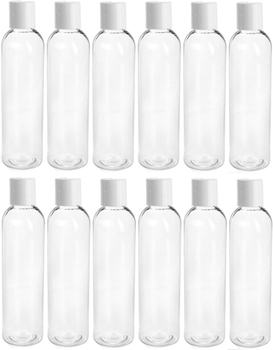 8 Ounce Cosmo Round Bottles, PET Plastic Empty Fillable BPA-Free, with White Press Down Disc Caps (Pack of 12) (Clear)