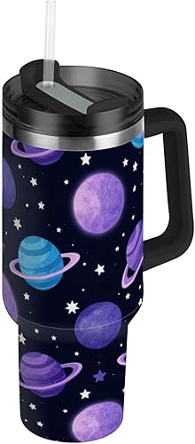 Cartoon Space Planet Colorful Vacuum Wide Mouth Water Bottle With Strap Leak-proof Lid and Straw Decorative 40 Oz Coffee Mug for Home, Office or Car