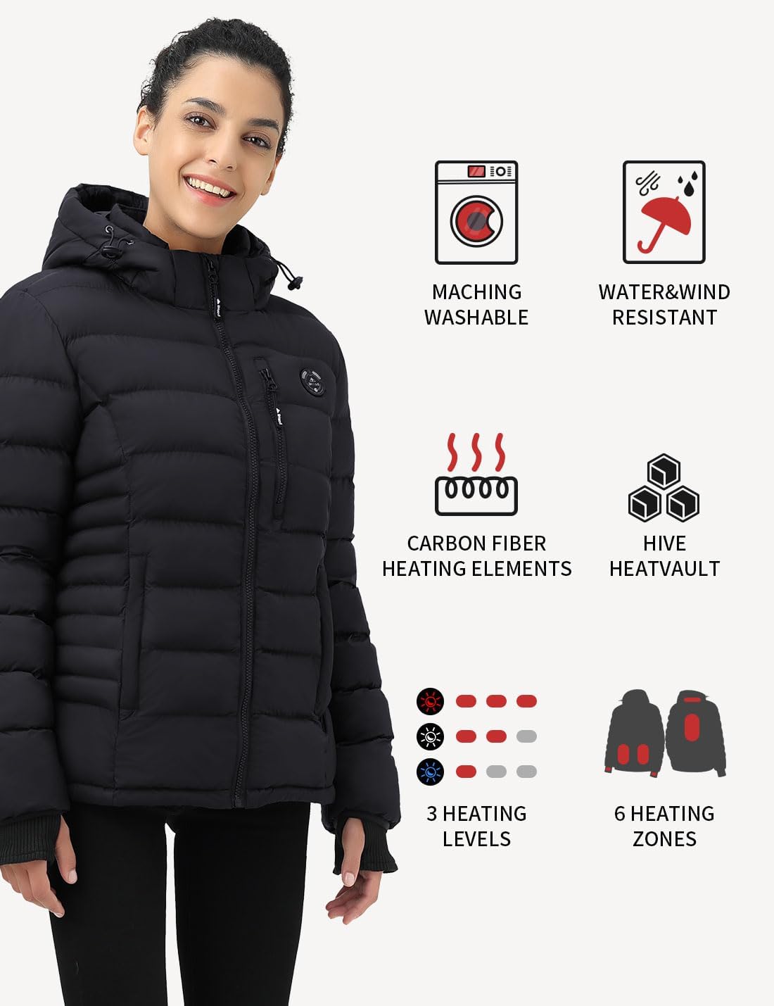 iHood Women's Heated Puffer Jacket With 12V Battery Pack-Insulated Water-Resistant Hooded Hand-Heating Electric Heated Jacket - Image 3
