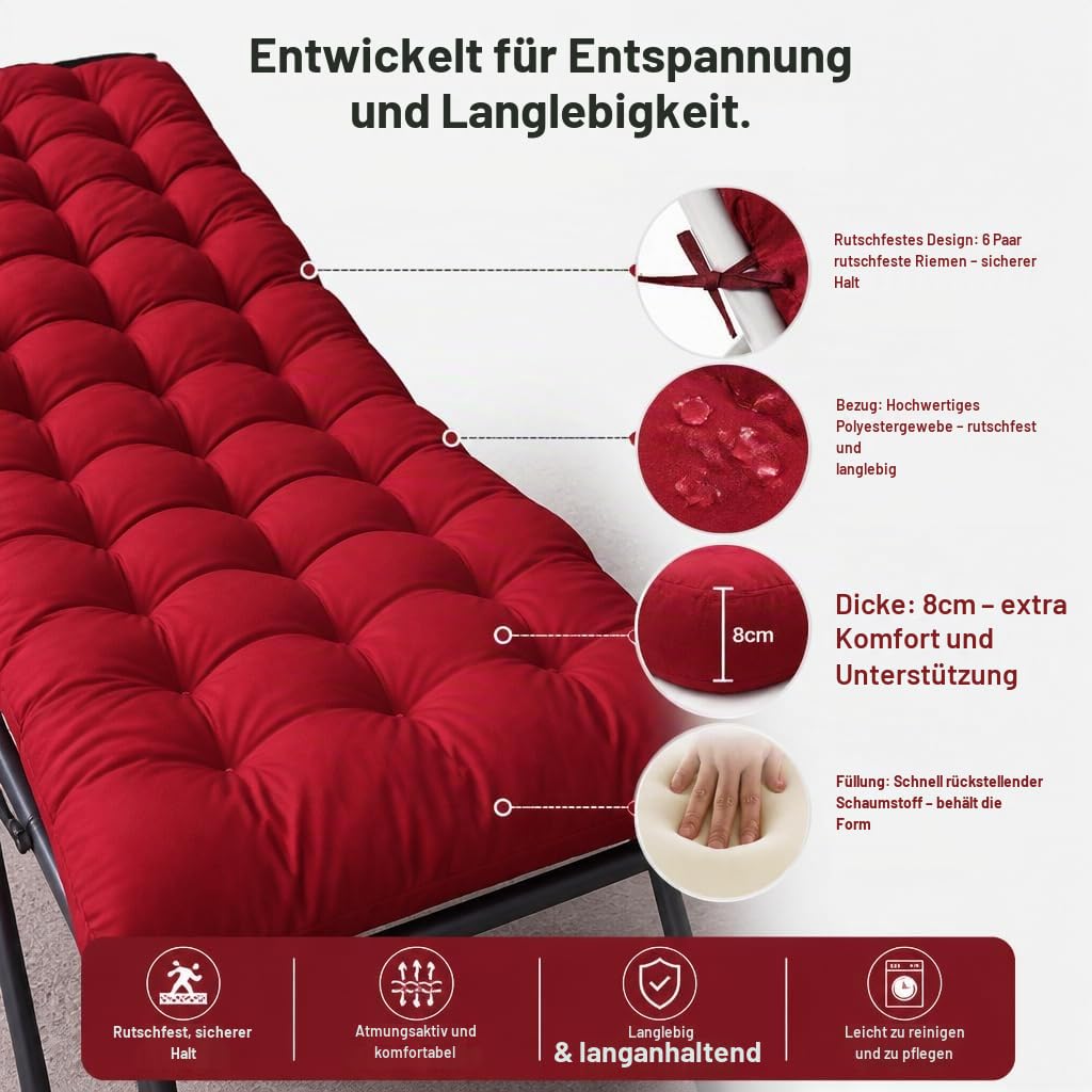 Zerodis Sonnenliegen-Kissenpolster mit Anti-Rutsch-Bezug, Befestigungsgurten, Breite Anwendung, Chaiselongue-Kissen für Garten-Loungesessel (Rotwein)
