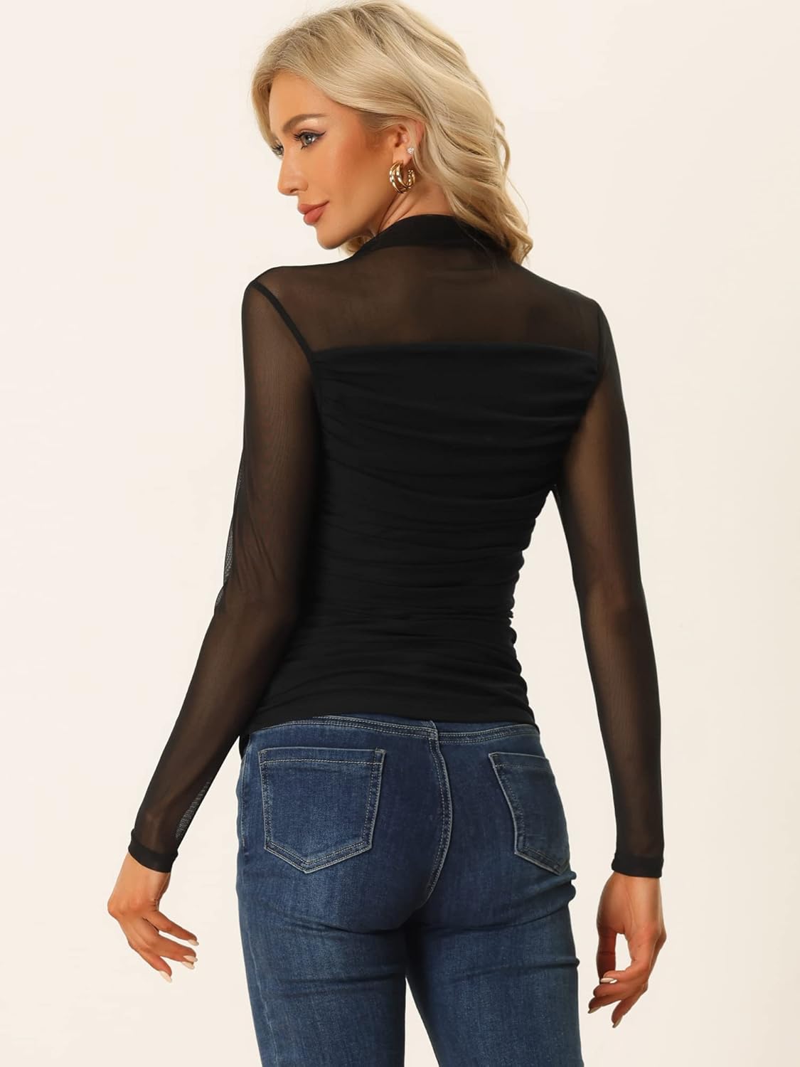 Allegra K Mesh Top Women Sheer See Through Long Sleeve Mock Neck Slim Fit Ruched Shirts Trendy Casual Going Out Tops Blouses - Image 4