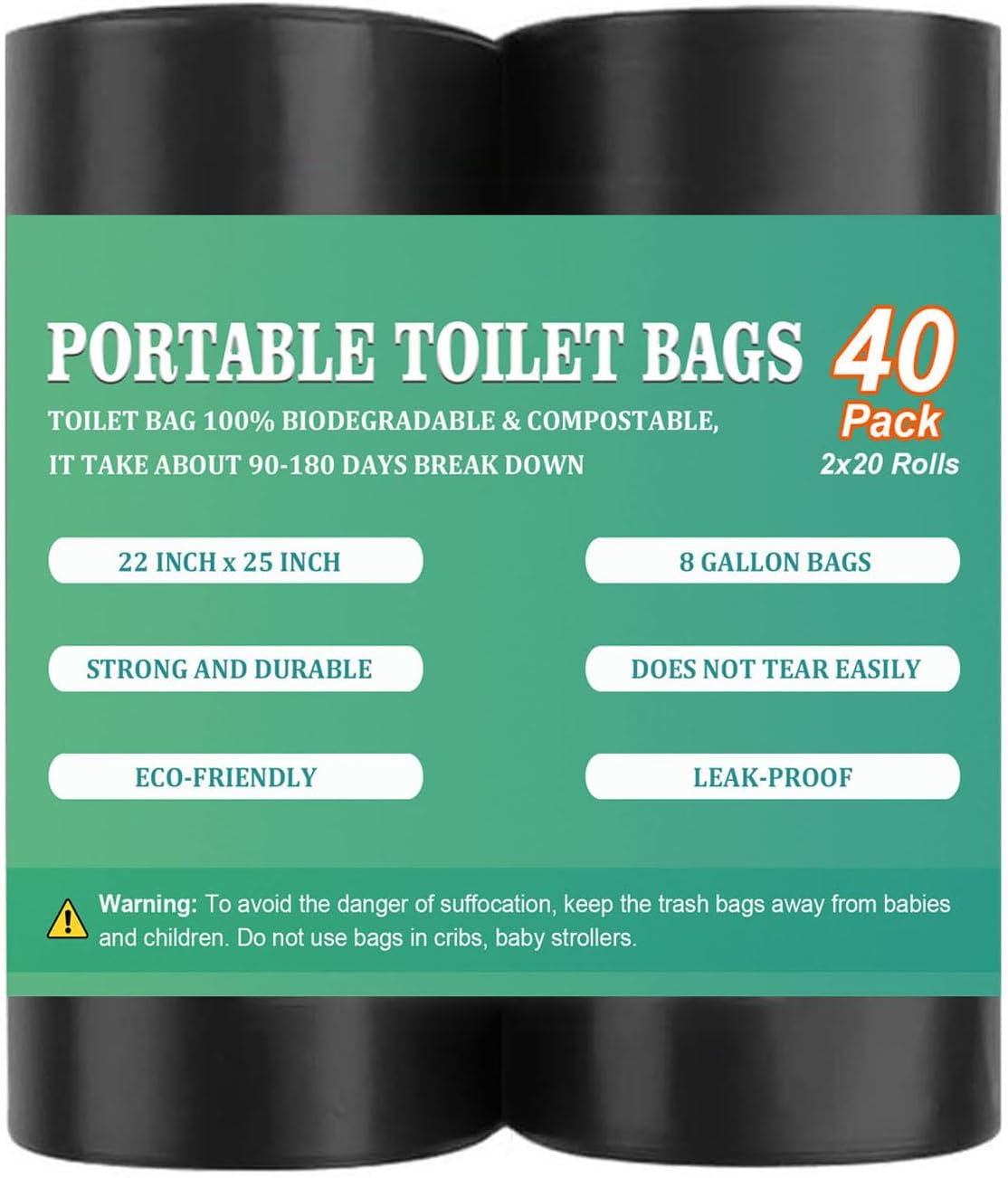 40 PCS Portable Toilet Bags for Camping, Biodegradable Porta Potty Bags – 8 Gallon Thickened Waste Bags Fit for 5 Gallon Bucket, Camping Poop Bag, Trash Bags for Home Boating Travel Outdoor