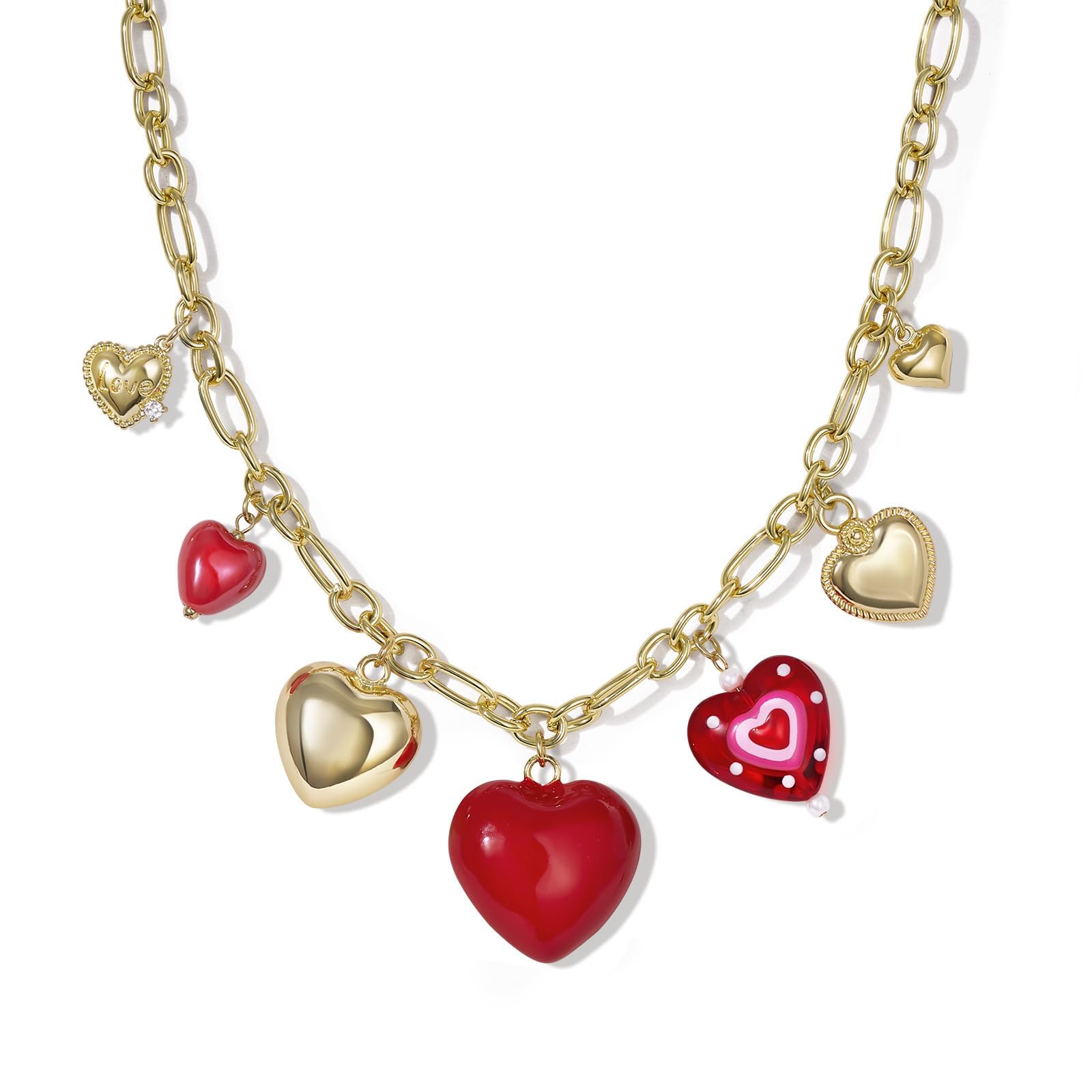 KissYan Heart Charm Necklace for Women, 14K Gold Plated Chunky Red Love Heart Pendant Link Chain Fashion Jewelry Gifts