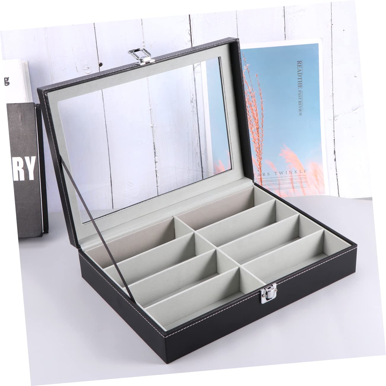 minkissy Estuche Organizador para Gafas De Sol con 8 Compartimentos, Interior De Tela Gris, Tapa De PU Negro con Textura De Punteado, Bandeja para Almacenamiento Seguro y Exhibición En Hogar y Tienda