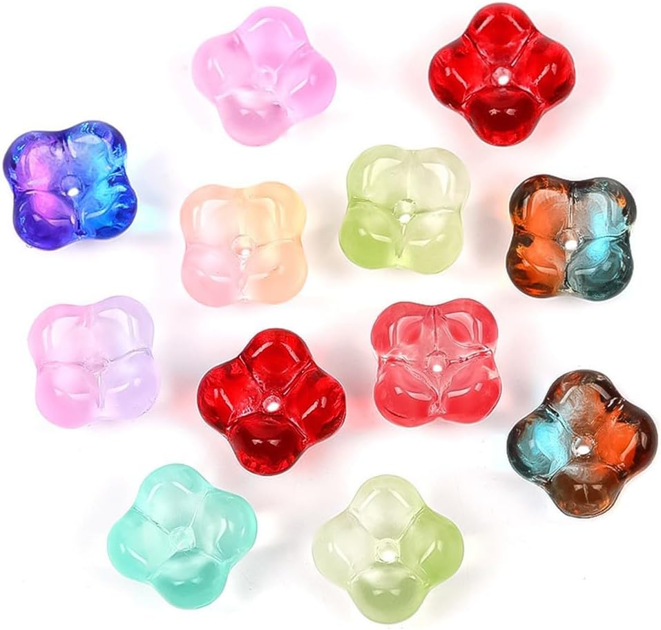 100PCS Glass Flower Beads for Jewelry Making 4 Petal Flower Bead Caps Gradient Cute Floral Beads Aesthetic Charms for Necklace Bracelets Earrings DIY Craft Home Decoration-Colorful - Image 7