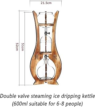 Cafetera de goteo Brew Tower, Cafetera de café frío con filtro de goteo reutilizable, 600 ml, doble válvula, acero inoxidable, vidrio, madera2