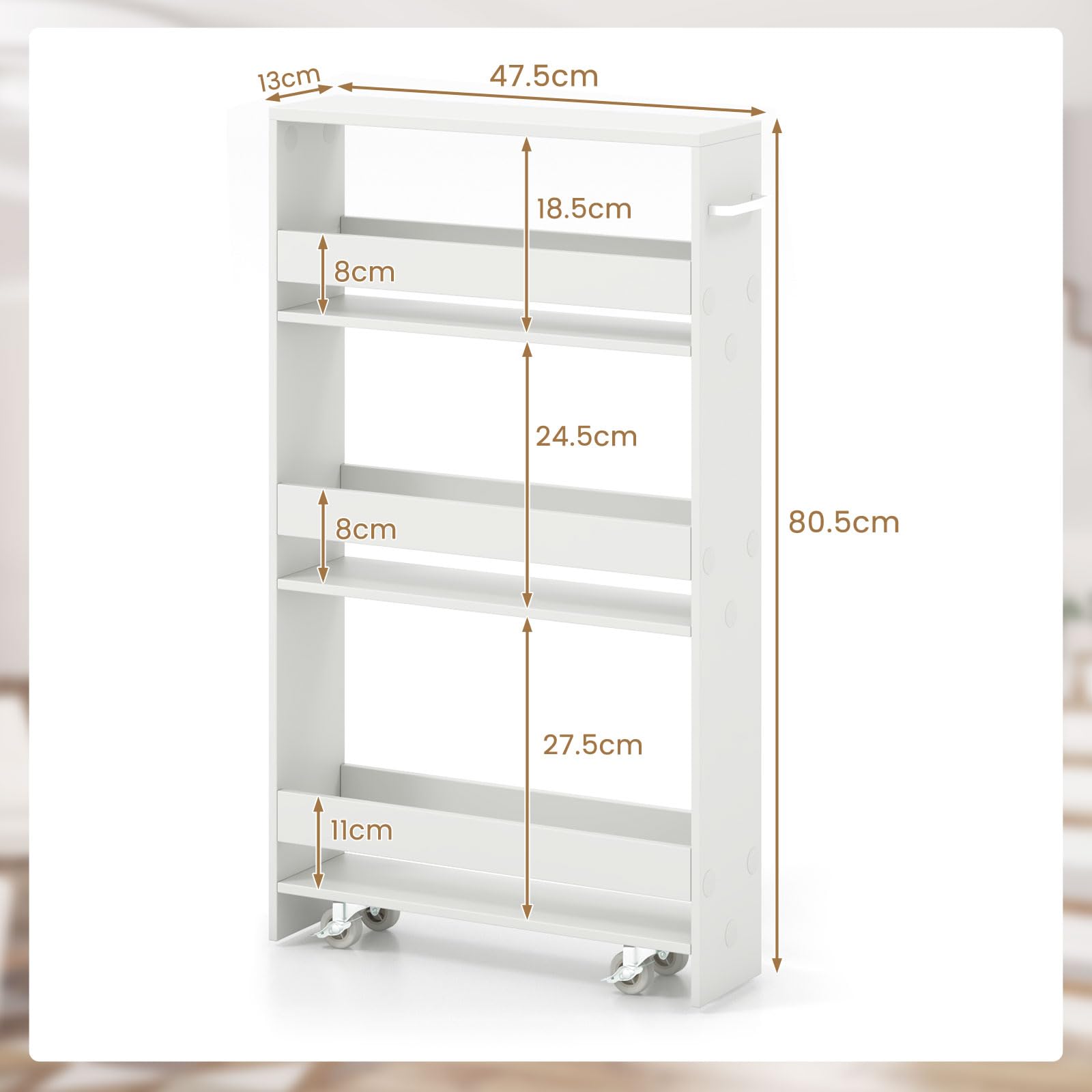 KOMFOTTEU Carrito de Cocina de 4 Niveles, Carro Auxiliar Estrecho con Ruedas, Estante Nicho con Asa, Mueble de Almacenaje Ahorra Espacio para Cocina, Baño, Oficina, 47,5x13x80,5cm (Blanco)